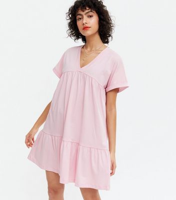 Pink V Neck Tiered Smock Dress | New Look